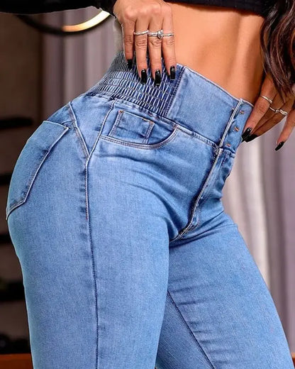 High-waisted gathered button jeans - MYSTERYBOXS