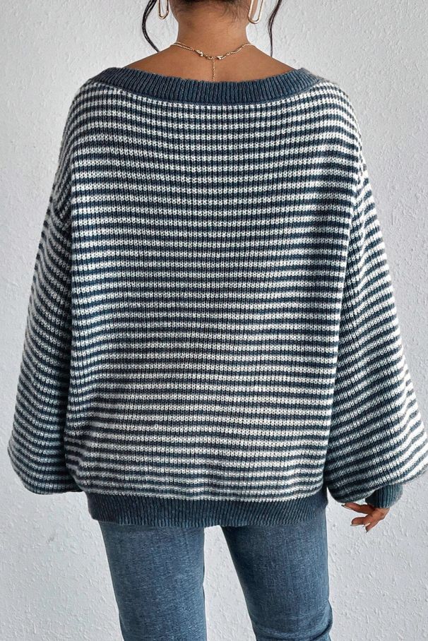 Loose striped off-shoulder knit sweater - MYSTERYBOXS