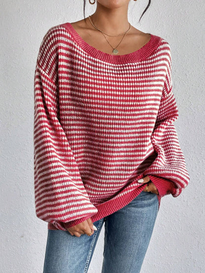 Loose striped off-shoulder knit sweater - MYSTERYBOXS