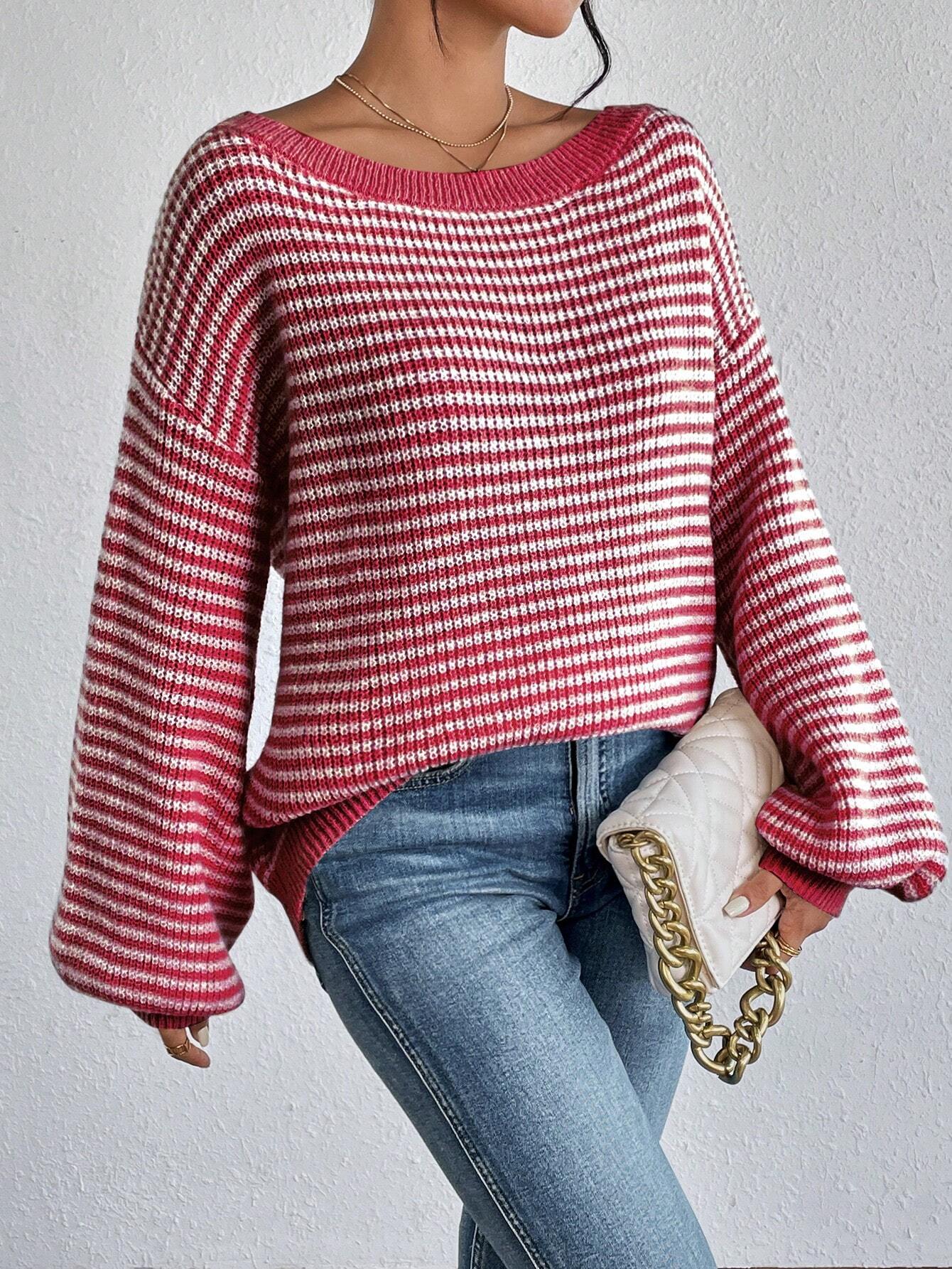 Loose striped off-shoulder knit sweater - MYSTERYBOXS