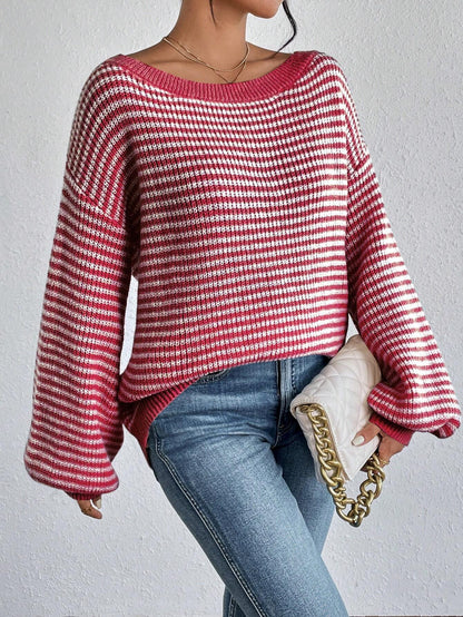 Loose striped off-shoulder knit sweater - MYSTERYBOXS