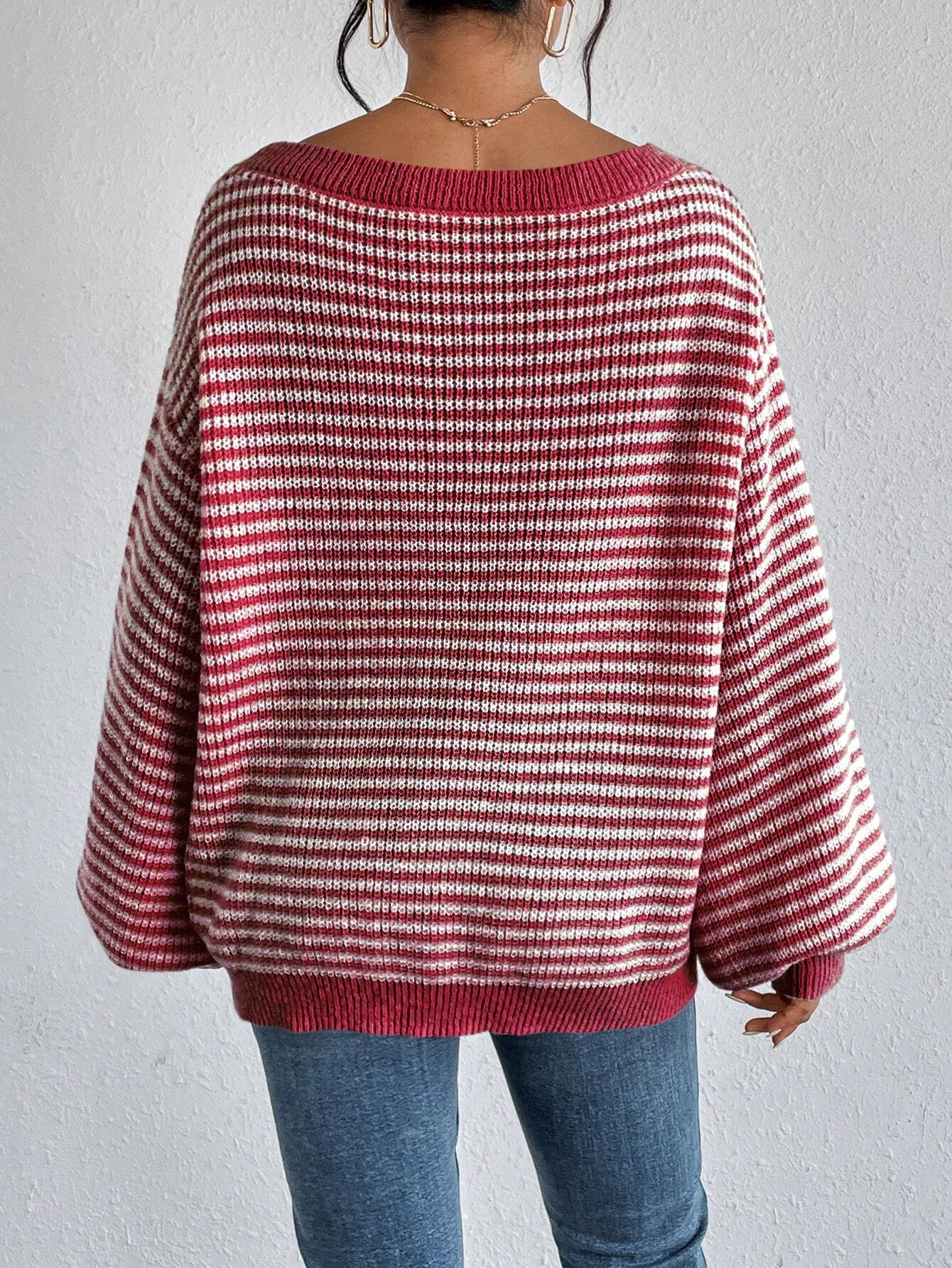 Loose striped off-shoulder knit sweater - MYSTERYBOXS
