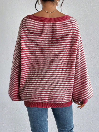 Loose striped off-shoulder knit sweater - MYSTERYBOXS