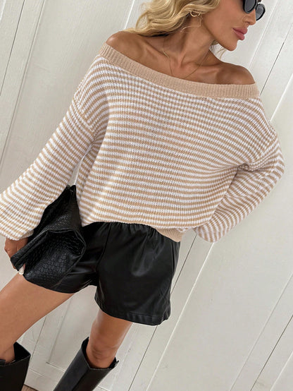 Loose striped off-shoulder knit sweater - MYSTERYBOXS