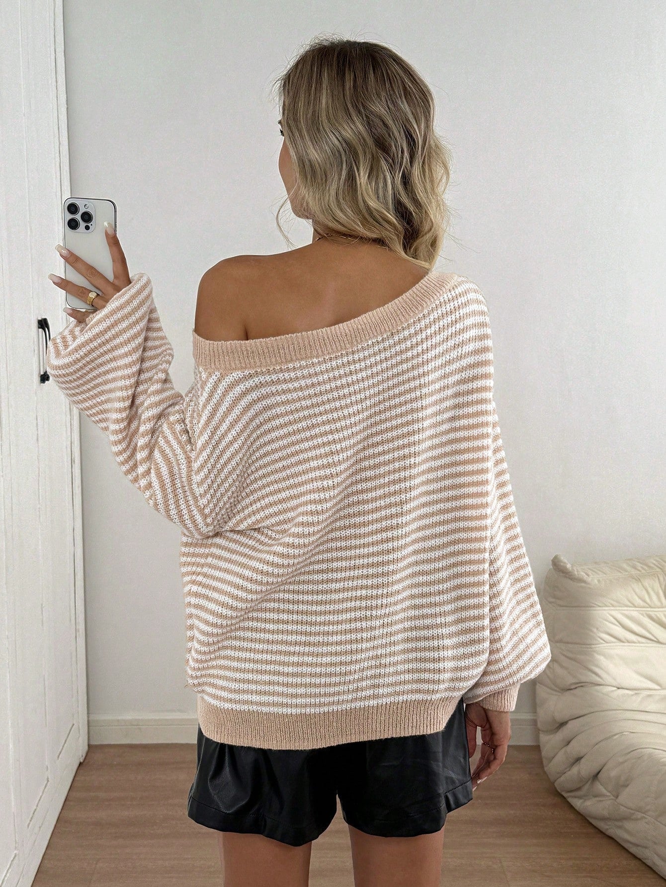 Loose striped off-shoulder knit sweater - MYSTERYBOXS