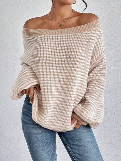 Loose striped off-shoulder knit sweater - MYSTERYBOXS