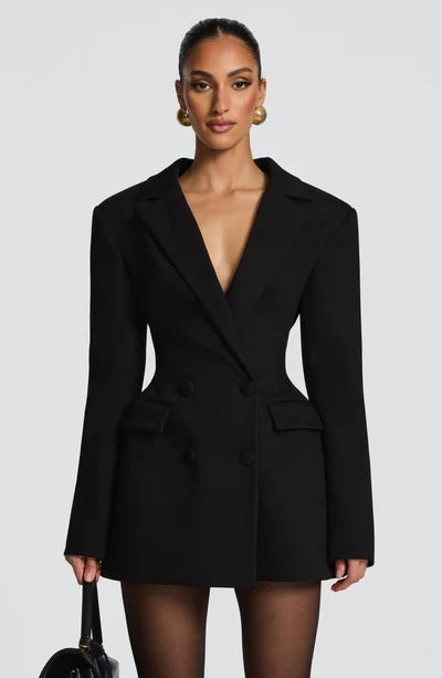 Slim-fit long-sleeved faux pocket suit dress - MYSTERYBOXS