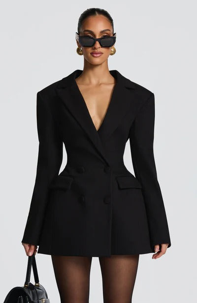 Slim-fit long-sleeved faux pocket suit dress - MYSTERYBOXS