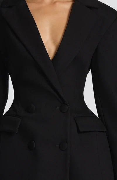 Slim-fit long-sleeved faux pocket suit dress - MYSTERYBOXS