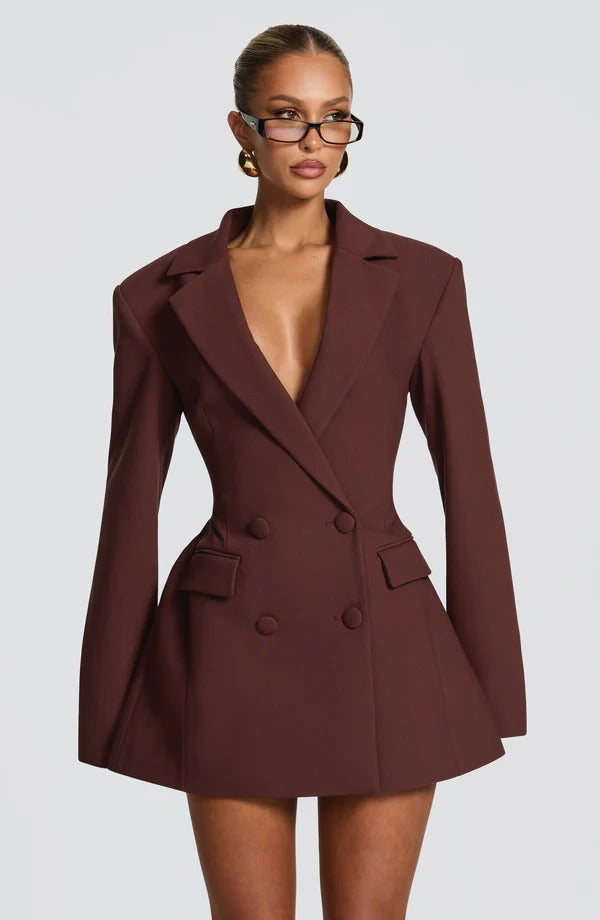 Slim-fit long-sleeved faux pocket suit dress - MYSTERYBOXS