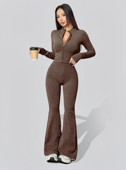 Chic Knit Two-Piece - Ribbed Jacket & High-Waisted Flare Pants - MYSTERYBOXS
