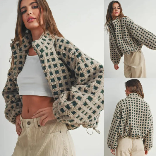Women’s Plaid Fleece Sherpa Jacket - MYSTERYBOXS