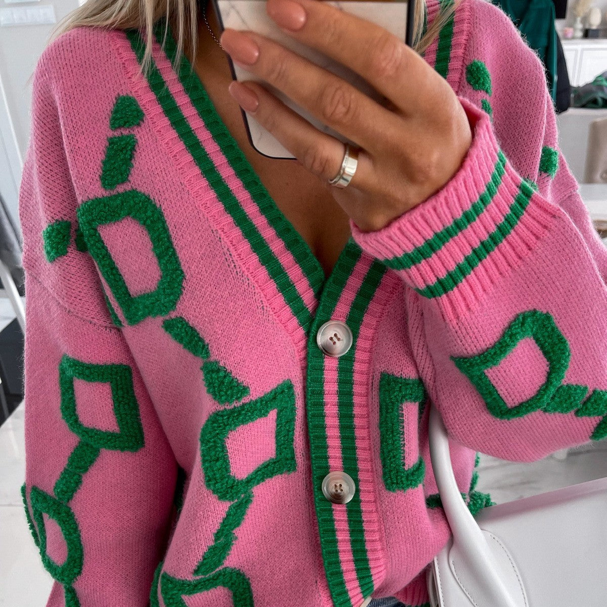 Jacquard color-blocked V-neck button-down cardigan sweater - MYSTERYBOXS