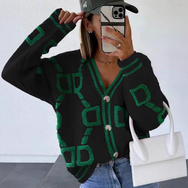 Jacquard color-blocked V-neck button-down cardigan sweater - MYSTERYBOXS