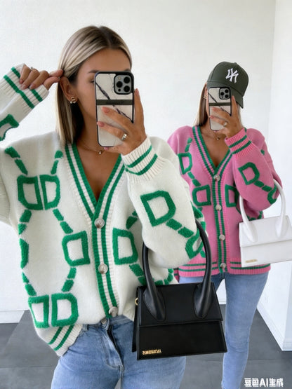 Jacquard color-blocked V-neck button-down cardigan sweater - MYSTERYBOXS