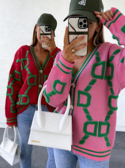 Jacquard color-blocked V-neck button-down cardigan sweater - MYSTERYBOXS