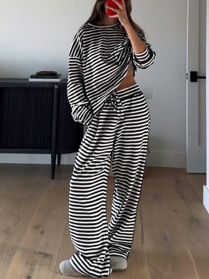 Women's Casual Striped Long Sleeve Top & Pants Set - MYSTERYBOXS