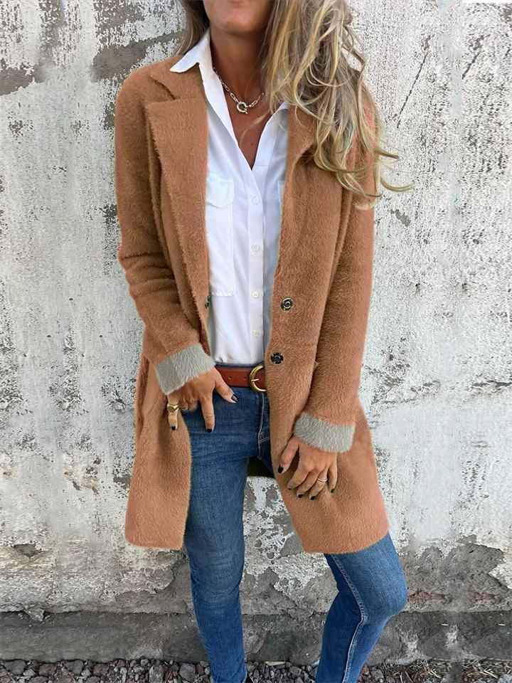 Women's Lapel Long Sleeve Fur Long Coat - MYSTERYBOXS