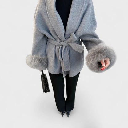 Elegant wool coat for women, with faux fur belt and cuffs - MYSTERYBOXS
