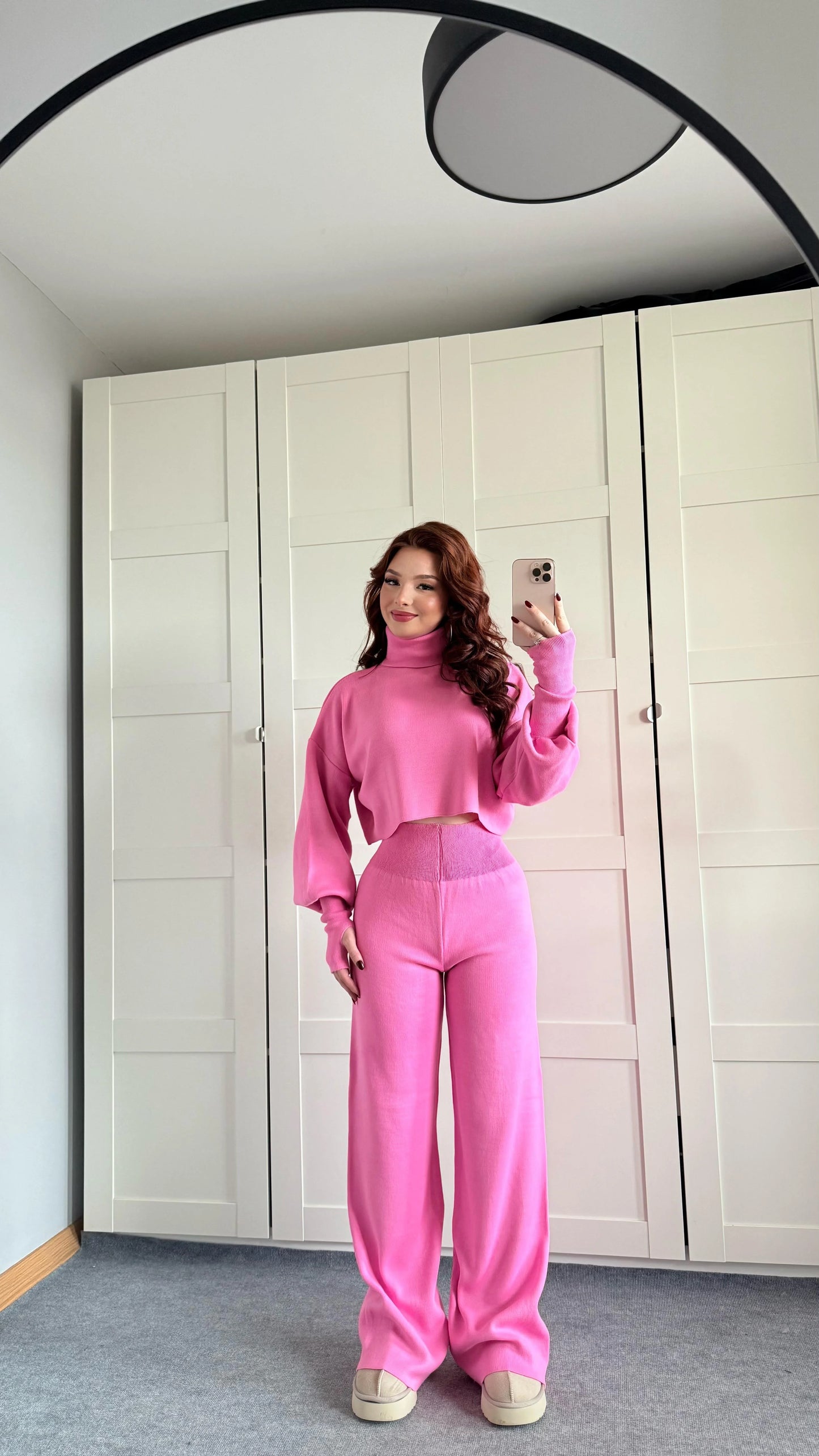 High-neck cropped sweater and high-waisted pants knit set - MYSTERYBOXS