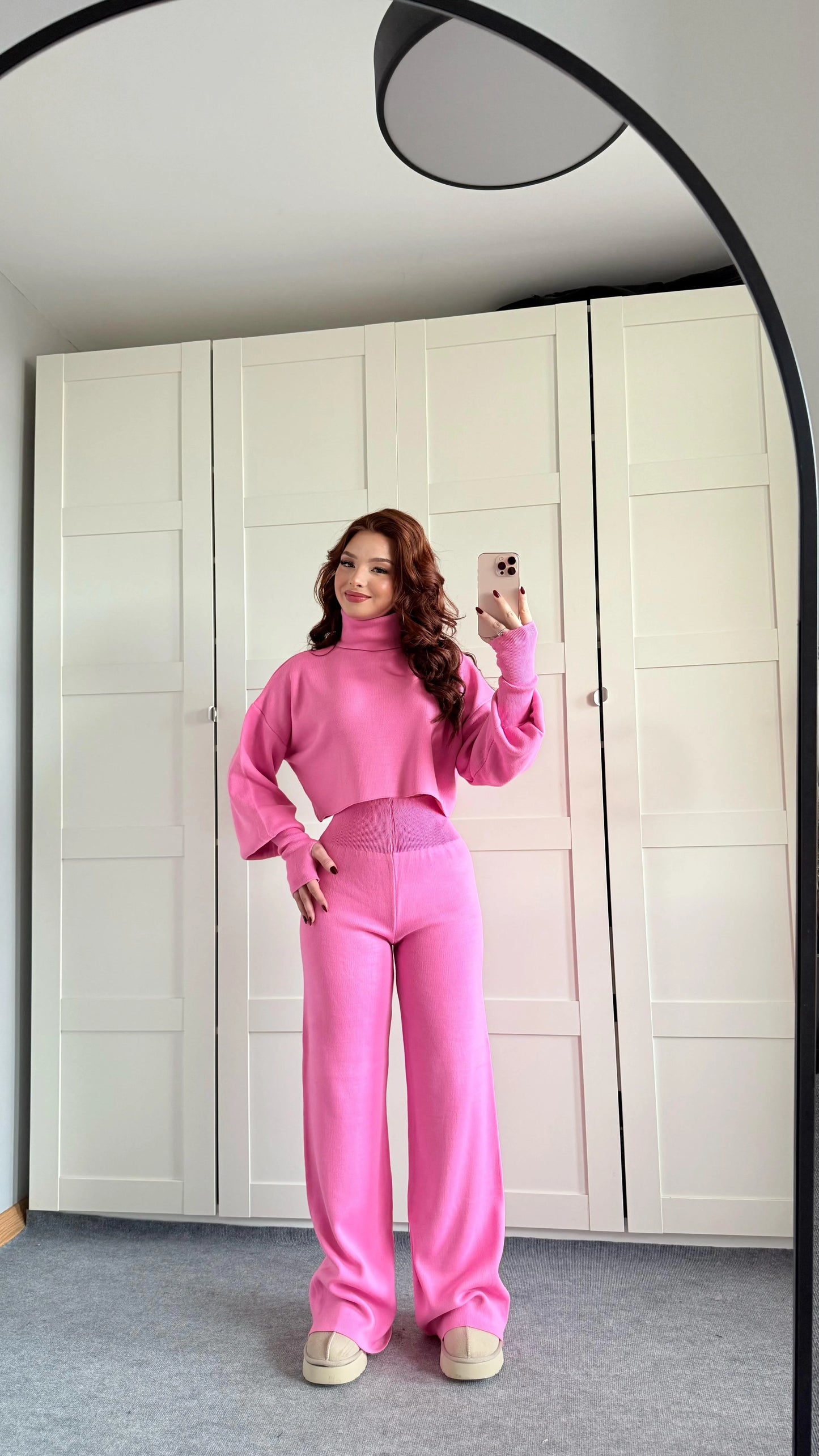 High-neck cropped sweater and high-waisted pants knit set - MYSTERYBOXS