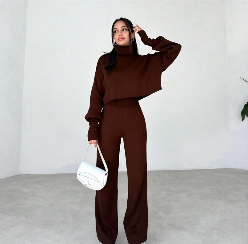 High-neck cropped sweater and high-waisted pants knit set - MYSTERYBOXS