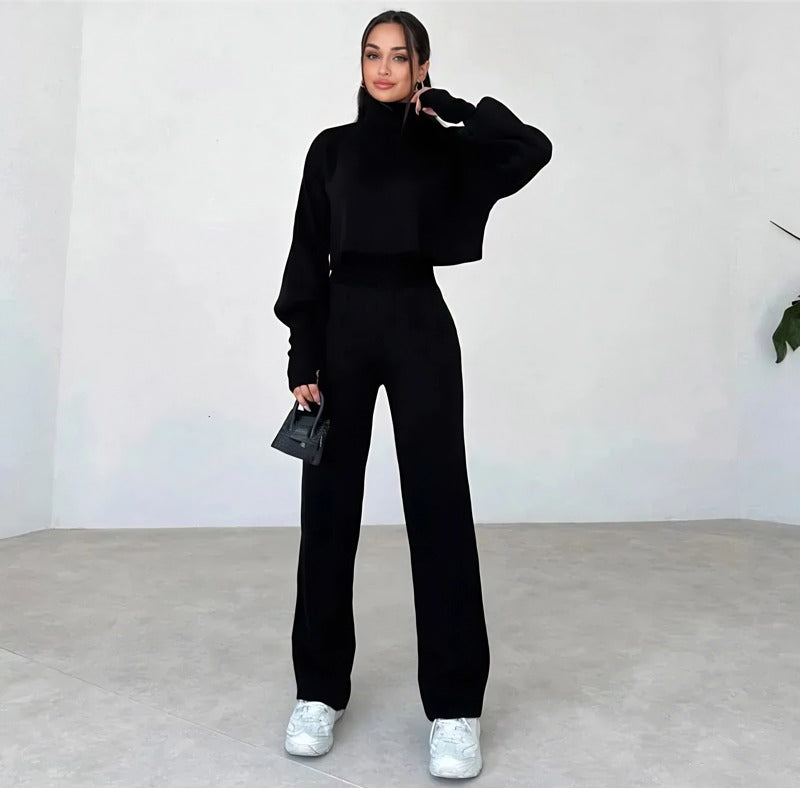 High-neck cropped sweater and high-waisted pants knit set - MYSTERYBOXS