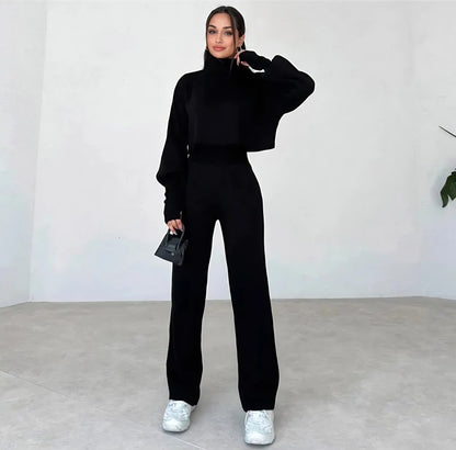 High-neck cropped sweater and high-waisted pants knit set - MYSTERYBOXS