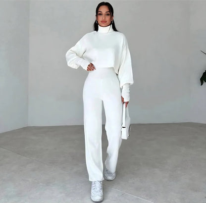 High-neck cropped sweater and high-waisted pants knit set - MYSTERYBOXS