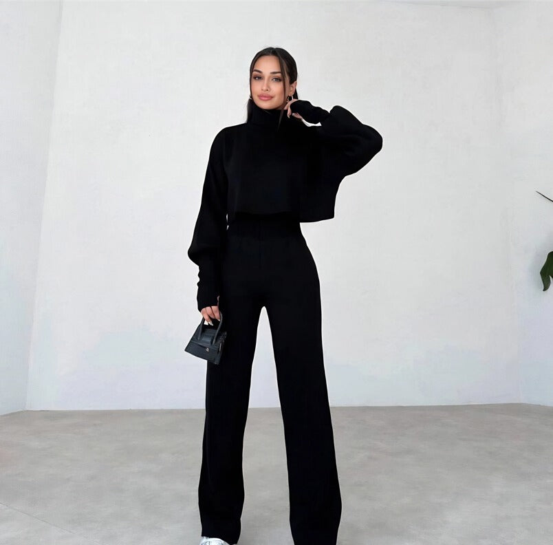 High-neck cropped sweater and high-waisted pants knit set - MYSTERYBOXS
