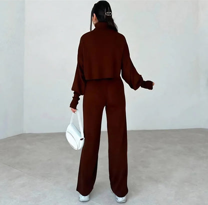 High-neck cropped sweater and high-waisted pants knit set - MYSTERYBOXS