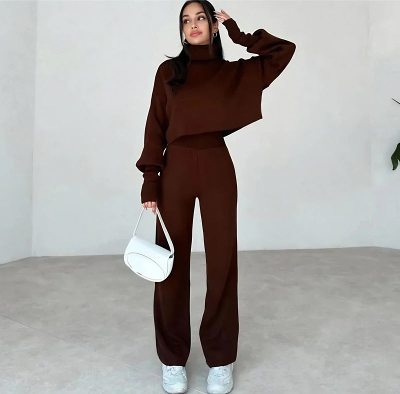 High-neck cropped sweater and high-waisted pants knit set - MYSTERYBOXS