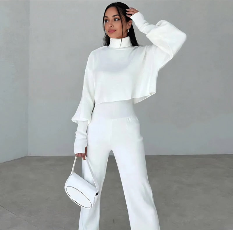 High-neck cropped sweater and high-waisted pants knit set - MYSTERYBOXS