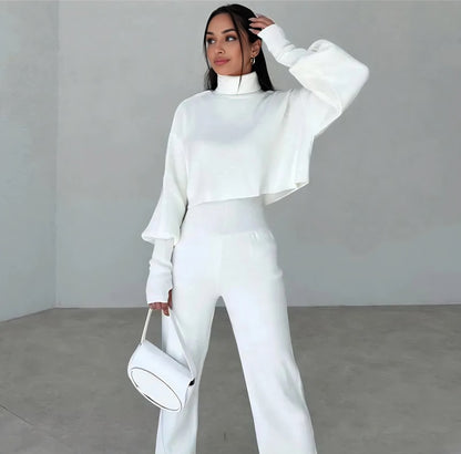 High-neck cropped sweater and high-waisted pants knit set - MYSTERYBOXS