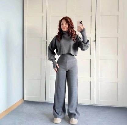 High-neck cropped sweater and high-waisted pants knit set - MYSTERYBOXS