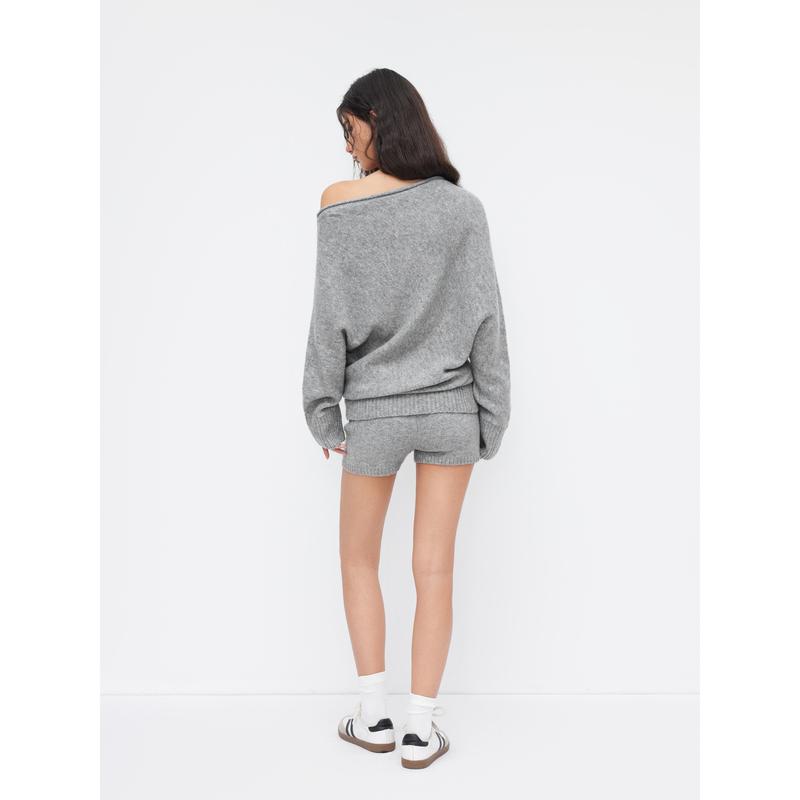 Off-Shoulder Textured Knit Sweater & Low-Waisted Tailored Shorts Co-ord - MYSTERYBOXS