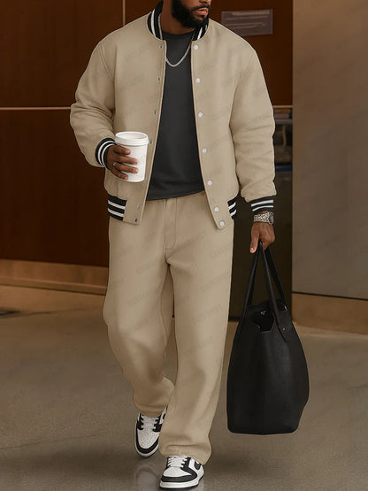 Classic Striped Trim Jacket Pants Set - MYSTERYBOXS