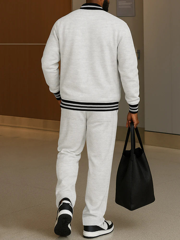 Classic Striped Trim Jacket Pants Set - MYSTERYBOXS