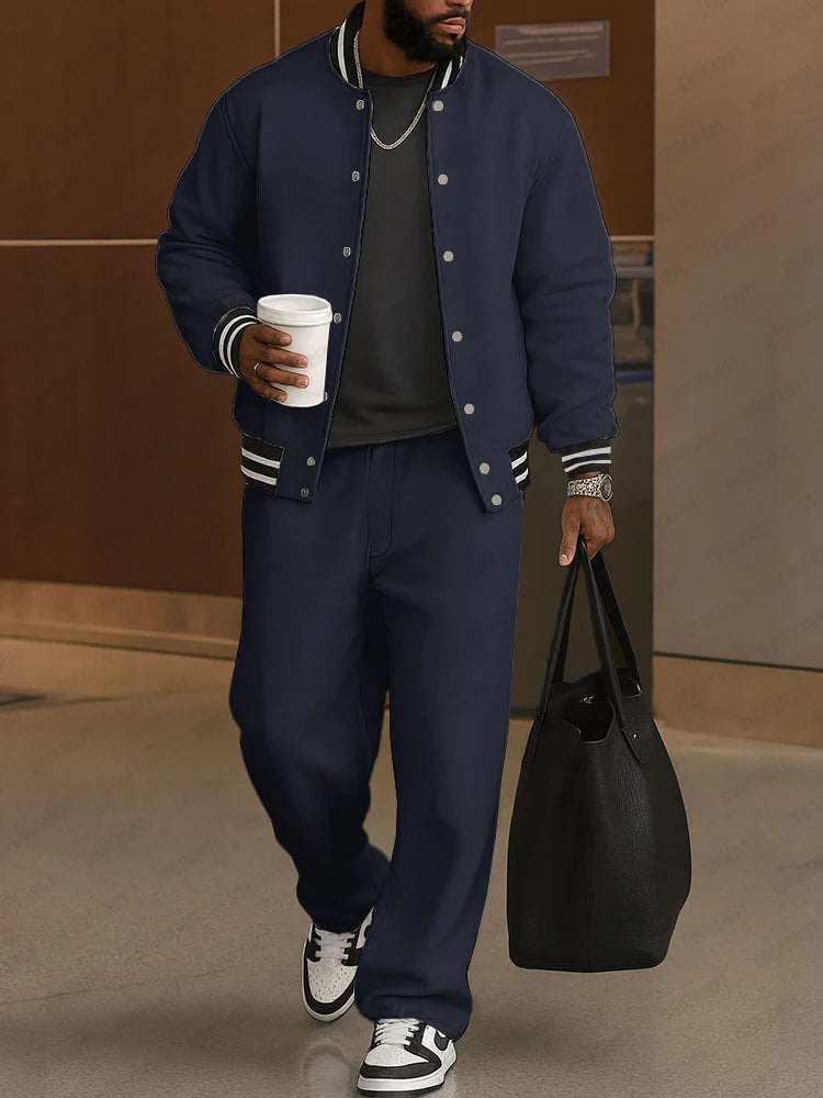 Classic Striped Trim Jacket Pants Set - MYSTERYBOXS