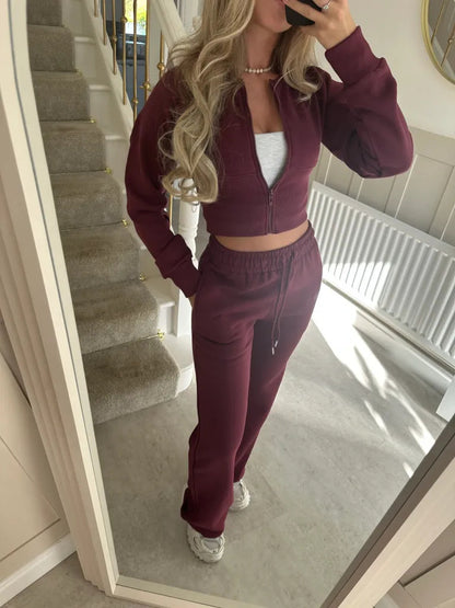 Solid Color Zipper Cardigan and Straight Leg Pants Tracksuit - MYSTERYBOXS