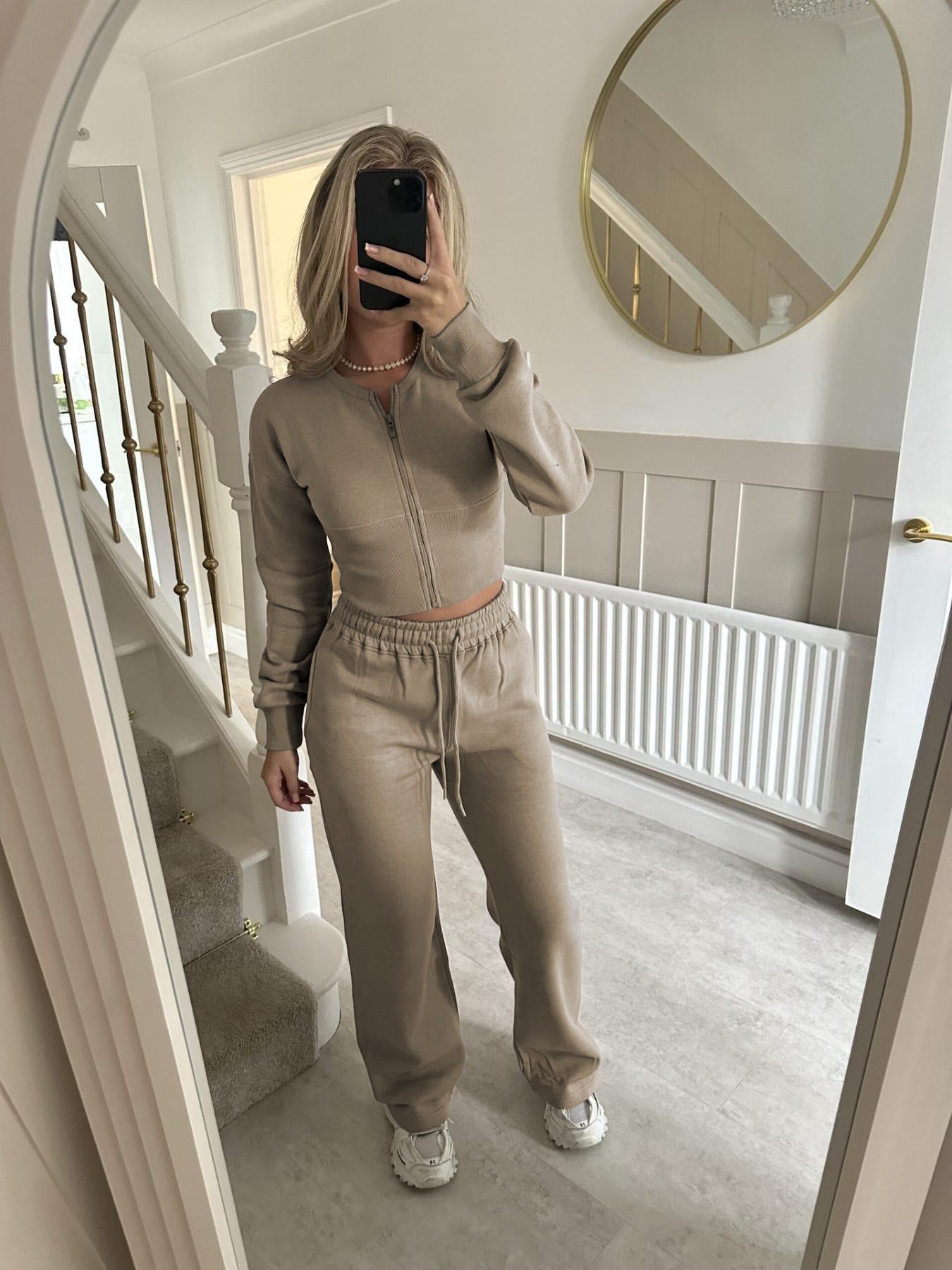 Solid Color Zipper Cardigan and Straight Leg Pants Tracksuit - MYSTERYBOXS