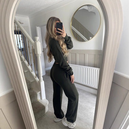 Solid Color Zipper Cardigan and Straight Leg Pants Tracksuit - MYSTERYBOXS