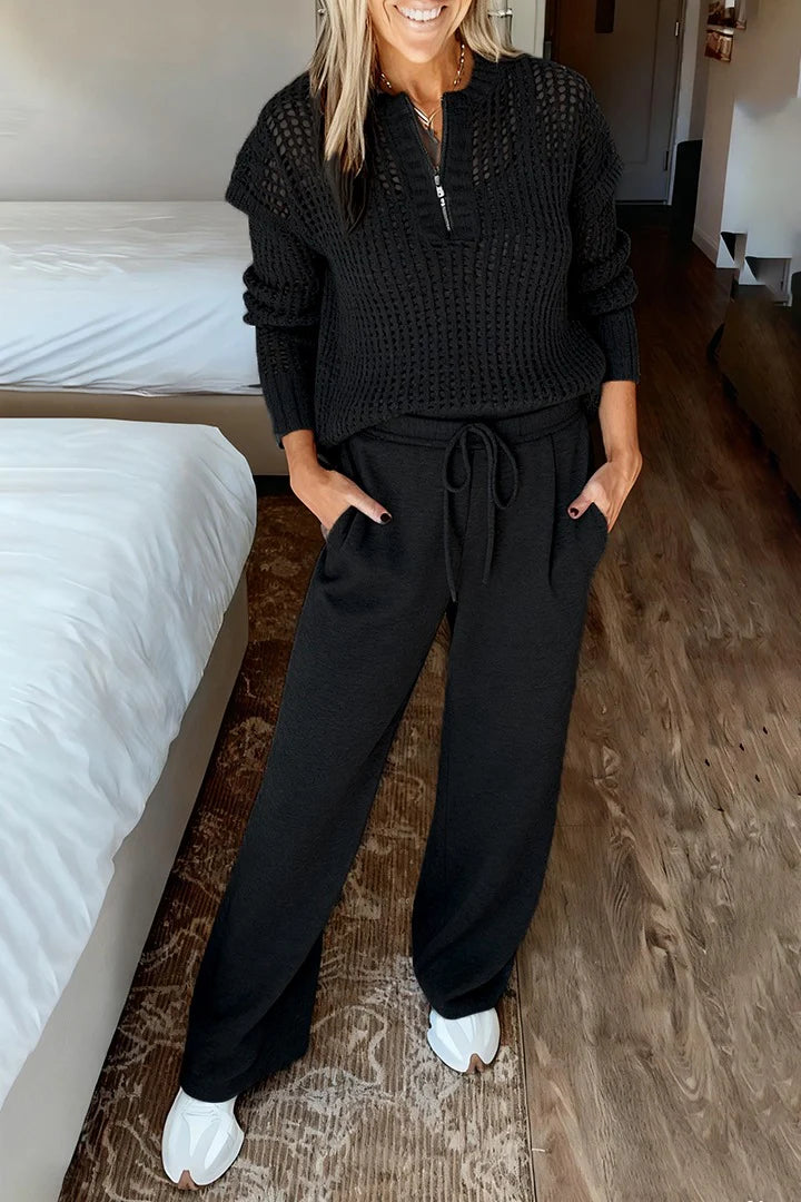 Women Round Neck Plaid Hollow Top + Drawstring Pants Casual Suit - MYSTERYBOXS