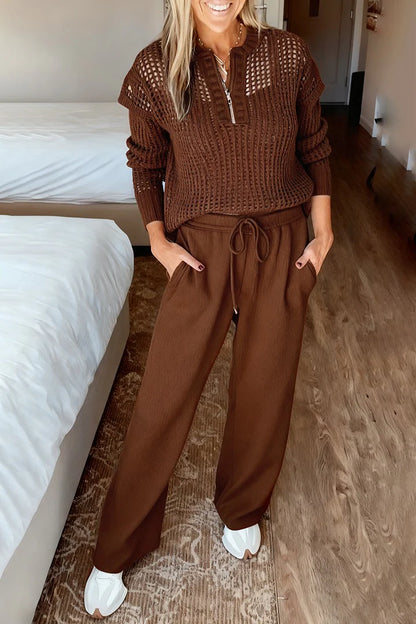 Women Round Neck Plaid Hollow Top + Drawstring Pants Casual Suit - MYSTERYBOXS