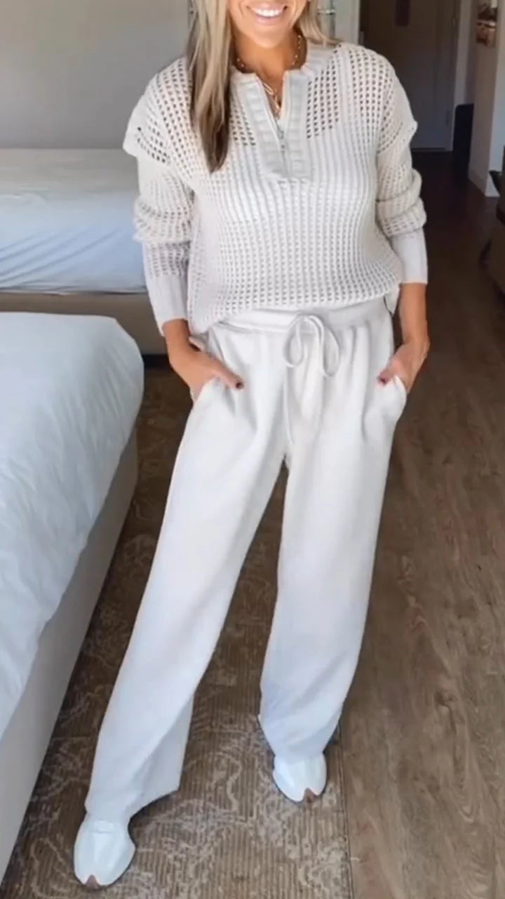 Women Round Neck Plaid Hollow Top + Drawstring Pants Casual Suit - MYSTERYBOXS