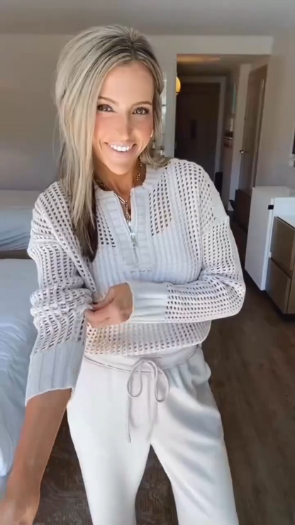 Women Round Neck Plaid Hollow Top + Drawstring Pants Casual Suit - MYSTERYBOXS