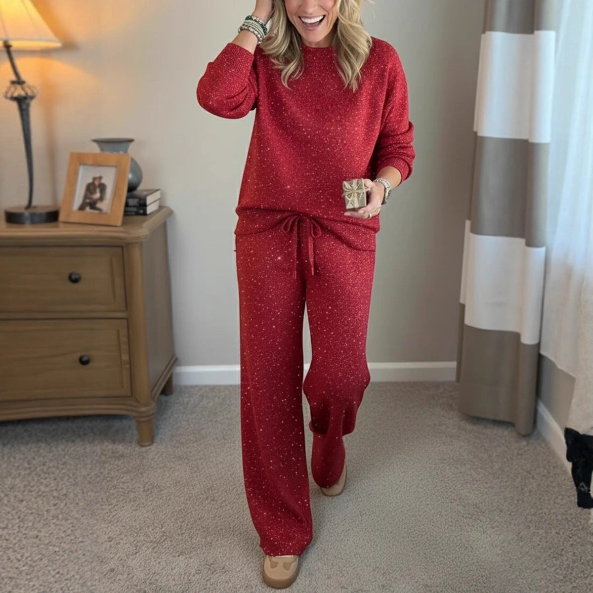 Women Round Neck Hot Diamond Flash Solid Color Casual Suit - MYSTERYBOXS