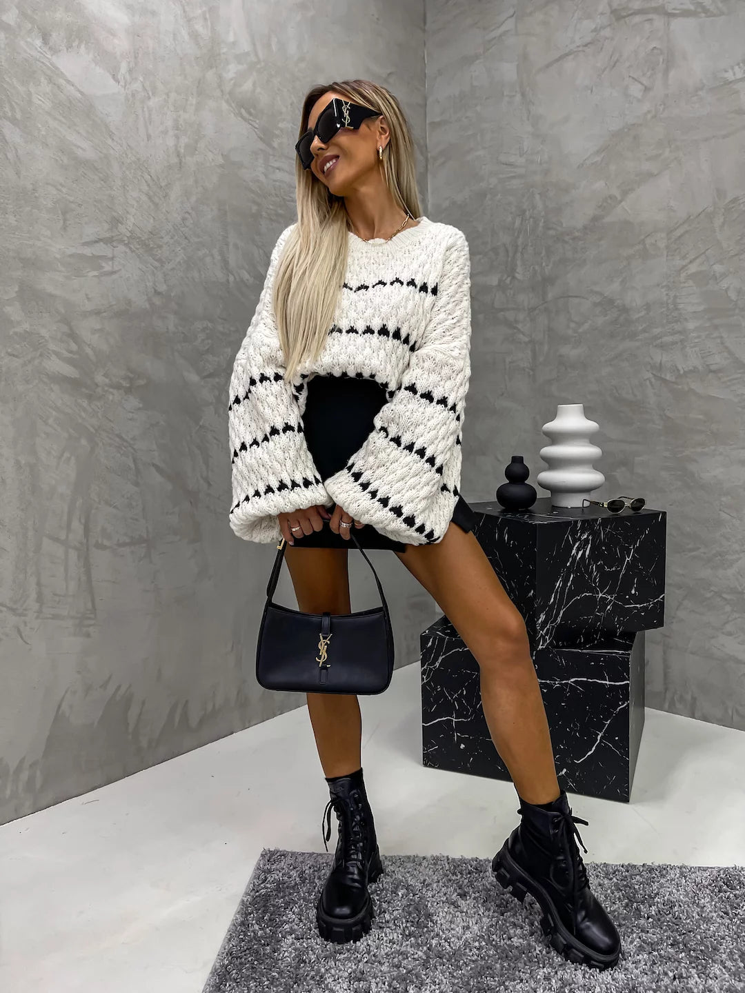 Cable striped crew neck pullover - MYSTERYBOXS