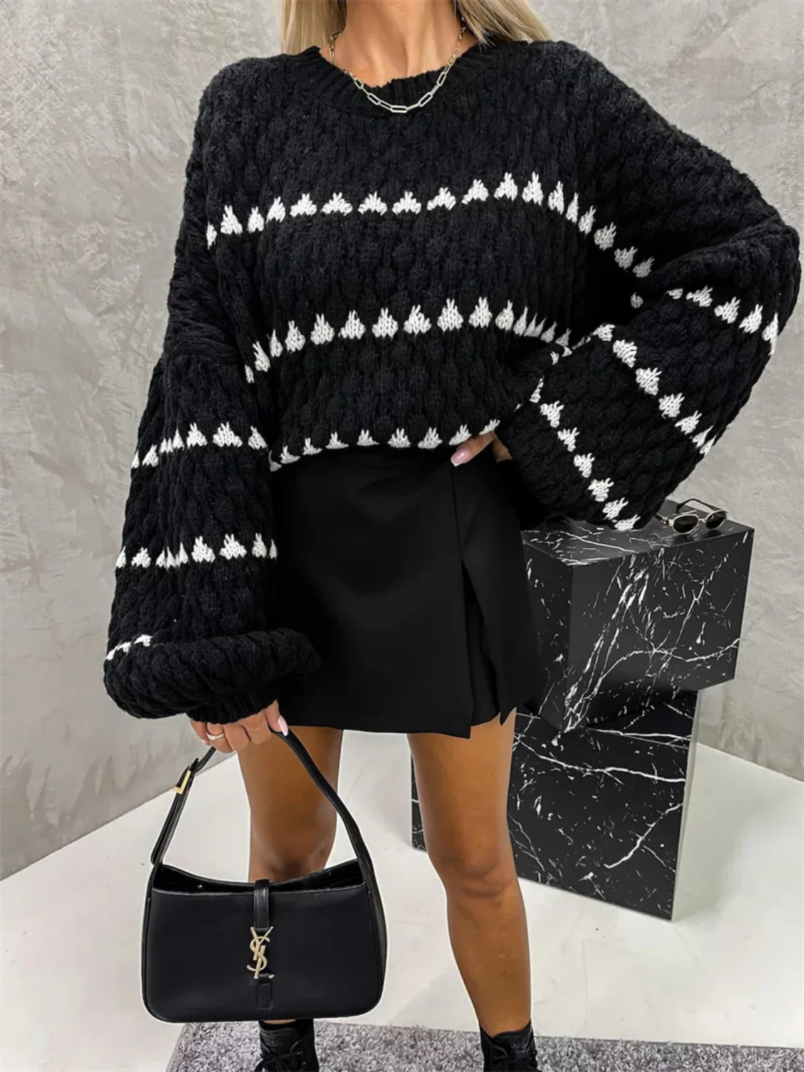 Cable striped crew neck pullover - MYSTERYBOXS