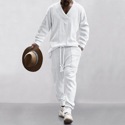 Men's V-Neck Jacquard Tracksuit - MYSTERYBOXS